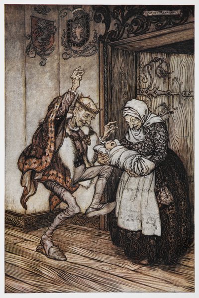 Briar Rose'dan yaşlı bir kral, kraliçe ve bebeklerinin illüstrasyonu. by Arthur Rackham