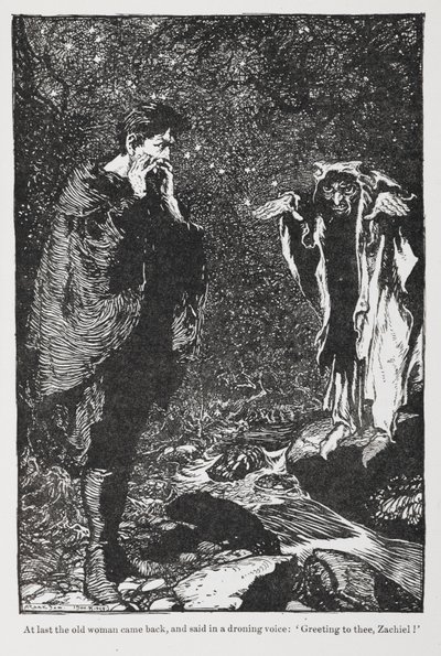 Zachiel ve yaşlı kadından Jorinda ve Joringel'den çizim. by Arthur Rackham