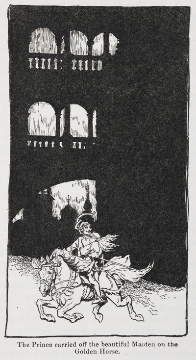 Prens, bakireyi at sırtında götürdüğünde Altın Kuş'tan bir resim. by Arthur Rackham