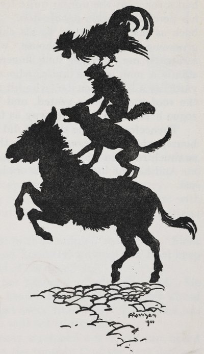 Bremen Mızıkacılarından bir eşek, köpek, kedi ve horoz çizimi. by Arthur Rackham