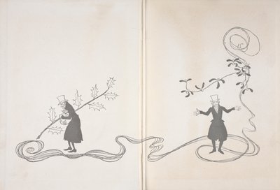 Scrooge'un çizimi. Bir tarafta bir çobanpüskülü dalı tarafından, elinde bir çanta dolusu parayla ve kızgın bir şekilde tasvir edilmiştir. Öte yandan, mutlu görünen bir ökseotu dalı ile tasvir edilmiştir. by Arthur Rackham