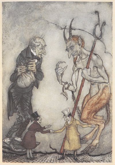 Scrooge ve şeytanın çizimi altlarında iki küçük adam olacak by Arthur Rackham