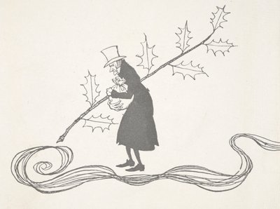 Bir çobanpüskülü dalı tarafından tasvir edilen, elinde bir çanta dolusu parayı tutan ve kızgın görünen Scrooge'un çizimi. by Arthur Rackham