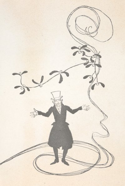 Mutlu görünen bir ökseotu dalı ile tasvir edilen Scrooge çizimi. by Arthur Rackham