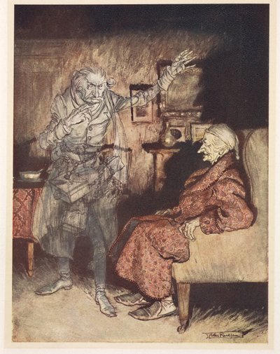 Geçmiş Noel Hayaleti ile Scrooge'un İllüstrasyonu by Arthur Rackham