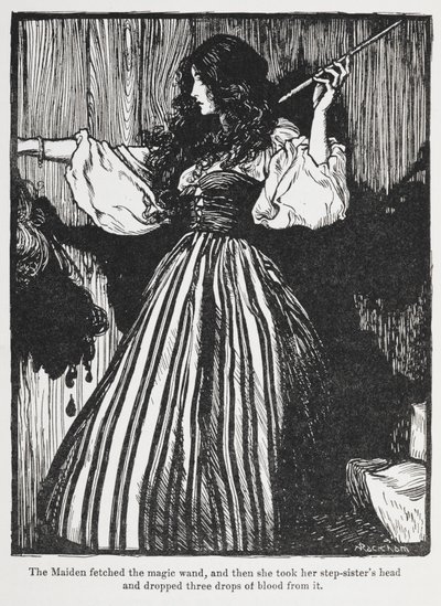 Sweetheart Roland'dan çizgili elbiseli bir kızın illüstrasyonu. by Arthur Rackham