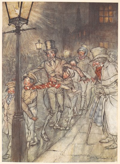 Bob Cratchit ve çocuklarla Noel arifesinde bir sokak sahnesinin çizimi. by Arthur Rackham