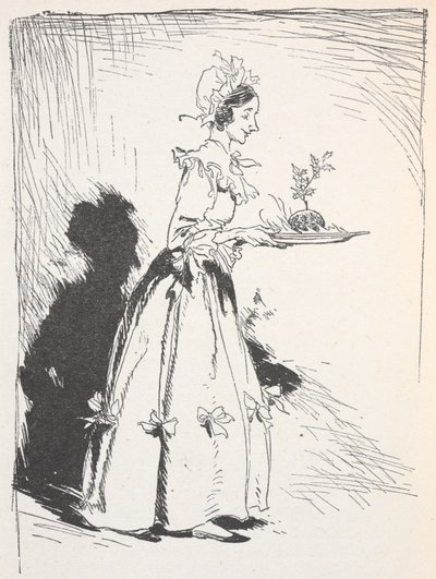 Noel pudingi taşıyan bir kadının illüstrasyonu by Arthur Rackham