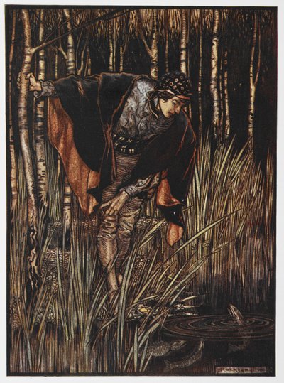Beyaz Yılan'dan bir göletin yanında bir gencin çizimi. by Arthur Rackham