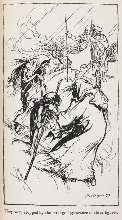 Üç cadı, Macbeth ve Banquo'nun çizimi. by Arthur Rackham
