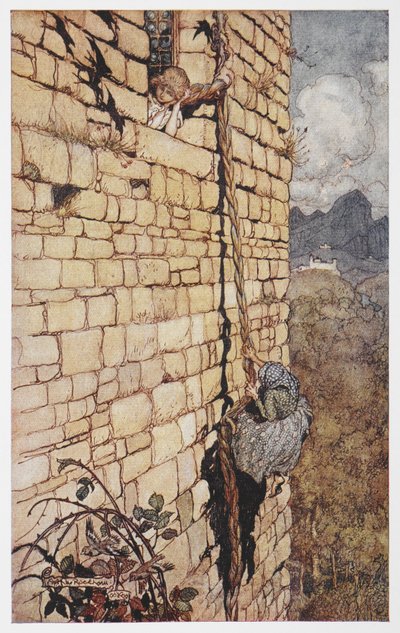Rapunzel'in saçına tırmanan cadı çizimi. by Arthur Rackham