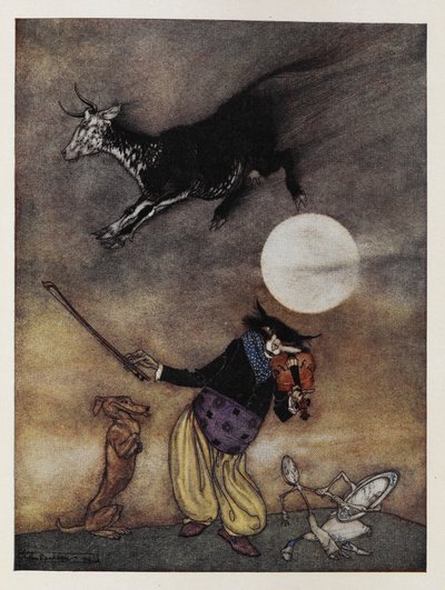 Bir tekerleme için illüstrasyon. Ayın üzerinden atlayan bir inek. Keman çalan bir kedi. Bir köpek. Kaşıkla kaçan bir tabak. by Arthur Rackham