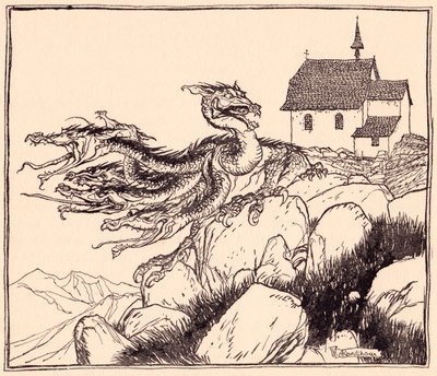 Çok geçmeden yedi başlı ejderha yüksek sesle kükreyerek geldi. Grimm's Fairy Tale, The Two Brothers'tan Arthur Rackham'ın illüstrasyonu. by Arthur Rackham