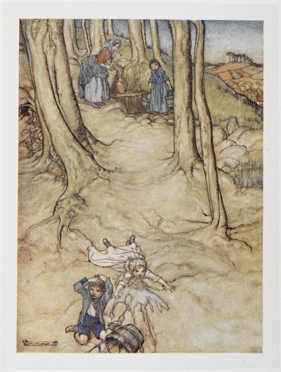 'Jack ve Jill'. İki çocuk bir tepeden aşağı düşer. Jack kafasını çarparken Jill bir kova su döker. by Arthur Rackham