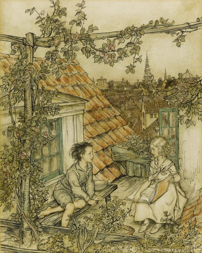 Kay ve Gerda, çatıda yüksek bahçelerinde. Kar Kraliçesi masalı için illüstrasyon, 18 by Arthur Rackham
