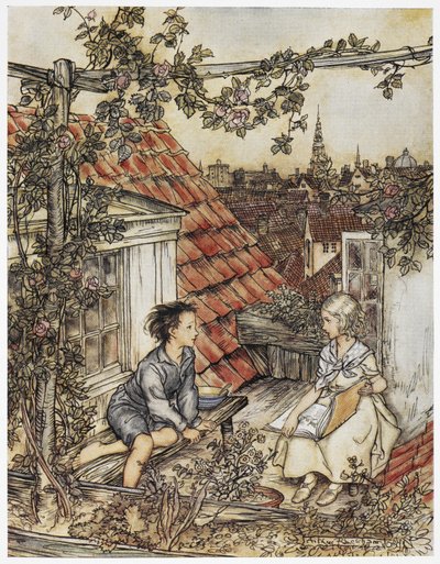 "Kay ve Gerda çatıdaki bahçelerinde". Bir evin çatısında oturan iki çocuk. "Küçük kız ve küçük oğlan" için resim. by Arthur Rackham
