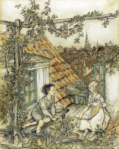 La Reine des neiges - Kay ve Gerda, çatıdaki bahçelerinde. Rackham, Arthur (1867-1939) adlı Kar Kraliçesi masalının illüstrasyonu by Arthur Rackham