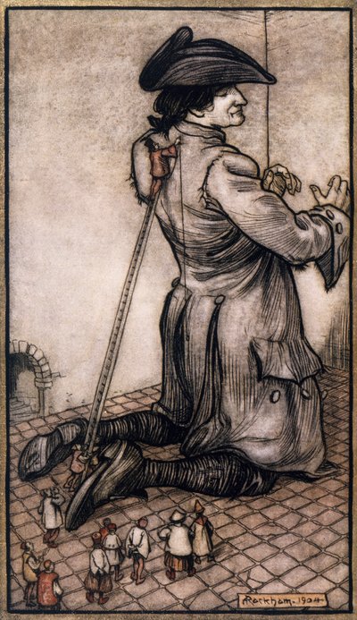 Gulliver'i ona yeni bir takım elbise yapmak için ölçen küçük terziler, Arthur Rackham'ın (1867-1939) çizimi, Jonathan Swift'in (Dublin) Gulliver'in Seyahatleri'nden by Arthur Rackham
