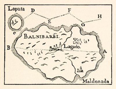 Laputa Haritası (sağ üstte uçan ada) ve Balnibarbi (Maldonado ana limanı) III. Bölümden: Gullivers Seyahatlerinde Laputa, Balnibarbi, Luggnagg, Glubbdubdrib ve Japonya