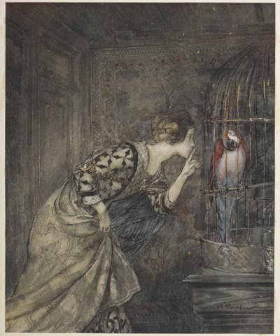 May Colvin ve kafeste bir papağan. by Arthur Rackham