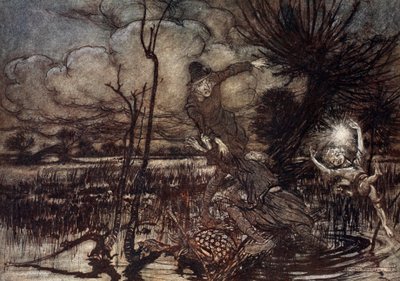 Gece gezginlerini yanıltmak, zararlarına gülmek, William Shakespeare'in "Yaz Gecesi Rüyası"ndan bir illüstrasyon, 1908 by Arthur Rackham