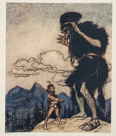 Cebinden yumuşak peynir parçasını çıkararak, Grimm Kardeşler Masalları, meyhaneden nem bitene kadar sıktı. 1909 by Arthur Rackham