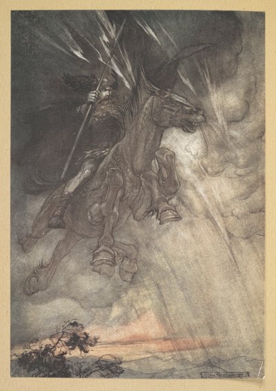 "Öfkelenen Wotan, Rock'a doğru ilerliyor! Bir fırtına rüzgarı gibi geliyor!" by Arthur Rackham
