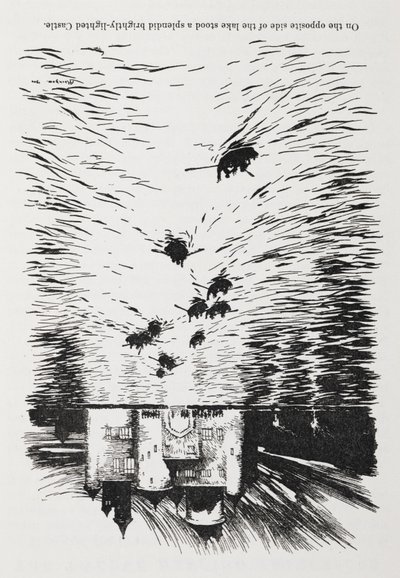Geceleri bir kaleye yaklaşan bir nehirde kürekli tekneler. by Arthur Rackham