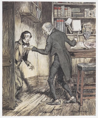 Başka bir adam girerken Scrooge ofisinde yazıyor by Arthur Rackham