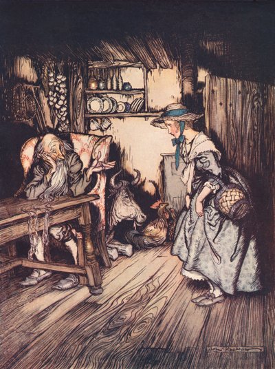 Geceyi orada geçirmesine izin verilmesi için oldukça tatlı bir şekilde yalvardı. 19. yüzyılın sonlarında yayınlanan Grimm's Fairy Tale, The Hut in the Forest'tan Arthur Rackham'ın çizimi. by Arthur Rackham