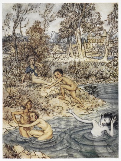 "Bir sürü küçük çocuğa rastladı". 'Küçük deniz kızı' hikayesi için renkli illüstrasyon. by Arthur Rackham
