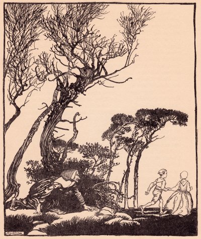 Cadıların süründüğü gibi, gizlice peşlerinden süzüldü. Grimm's Fairy Tale Little Brother and Little Sister'dan Arthur Rackham'ın illüstrasyonu. by Arthur Rackham