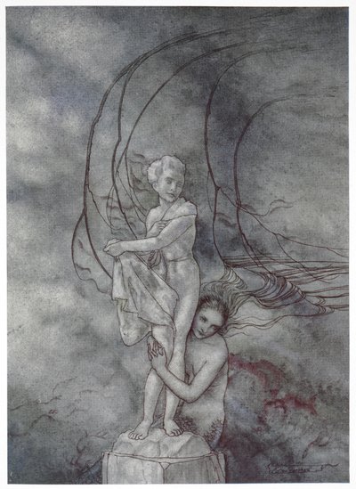 "Kollarını prense çok benzeyen mermer figürün etrafına doladı". 'Küçük deniz kızı' hikayesi için illüstrasyon. by Arthur Rackham