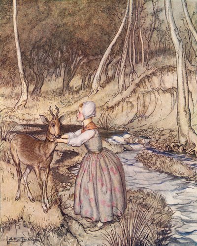 Altın jartiyerini çıkarıp Karaca'nın boynuna geçirdi. 19. yüzyılın sonlarında yayınlanan Grimm's Fairy Tale, Little Brother and Little Sister'dan Arthur Rackham'ın illüstrasyonu. by Arthur Rackham