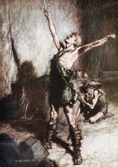 Siegfried kılıcını dövüyor. Richard Wag tarafından Siegfried ve Tanrıların Alacakaranlığı için İllüstrasyon by Arthur Rackham