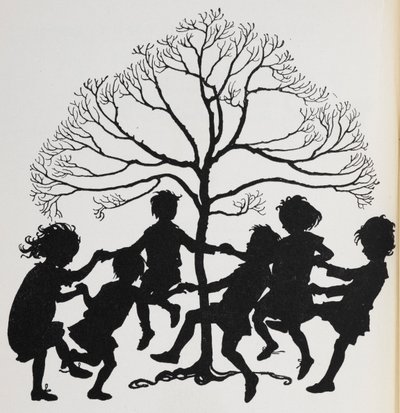 Bir ağacın etrafında dans eden çocukların silueti. by Arthur Rackham