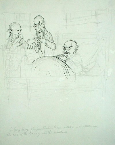 Sir George Savage ve Sir James Crichton Browne (1840-1937), BXXXY ve üyeler (kağıt üzerinde kalem ve mürekkep ve kurşun kalem) konusunda istişare için aradılar. by Arthur Rackham