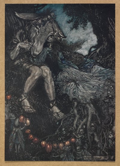 Sen uyu, ben de seni kollarıma alacağım'. Alt ve Titania. Bir Yaz Gecesi Rüyası'ndan bir sahne. by Arthur Rackham