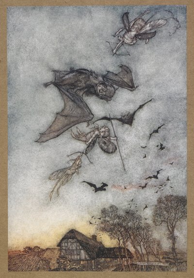 Bazıları deri kanatları için farelerle savaşır. Bir Yaz Gecesi Rüyası'ndan bir sahne. by Arthur Rackham