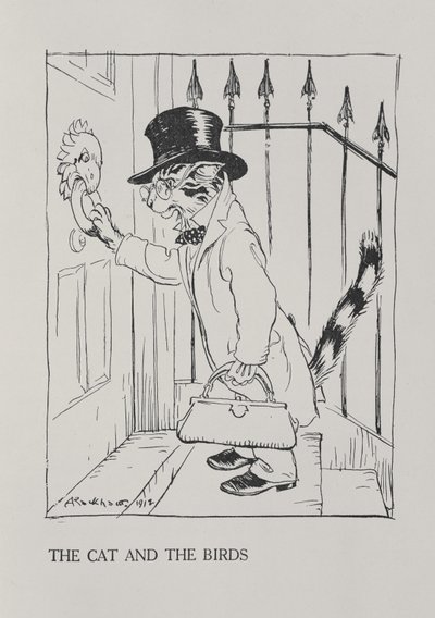 Kedi ve Kuşlar, 'Esop'un Masalları'ndan bir çizim, Heinemann tarafından yayınlandı, 1912 by Arthur Rackham