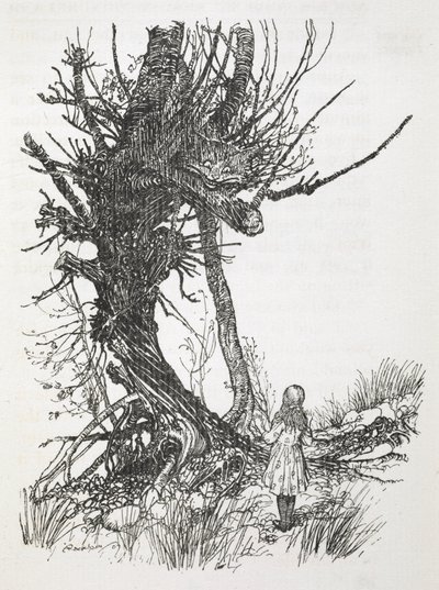 Alice'e bakan bir ağaçtaki Cheshire Kedisi by Arthur Rackham