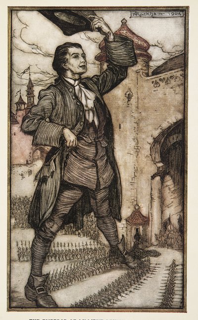 Lilliput İmparatoru, Jonathon Swift (1667 - 1745) tarafından yazılan Gulliver'in Gezileri'nden Birliklerini İnceliyor, pub. 1909 (renkli taş) by Arthur Rackham