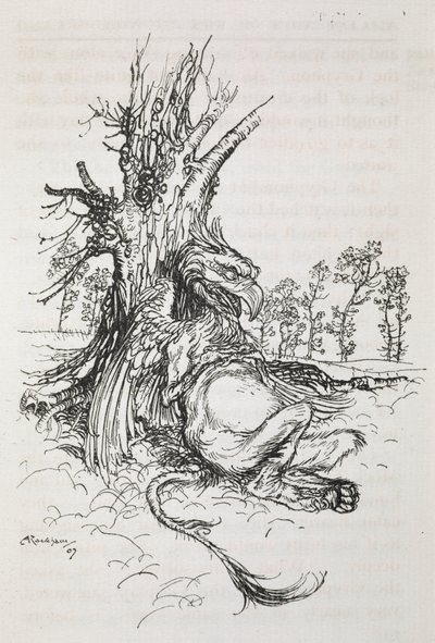Bir ağaca karşı oturan Gryphon by Arthur Rackham