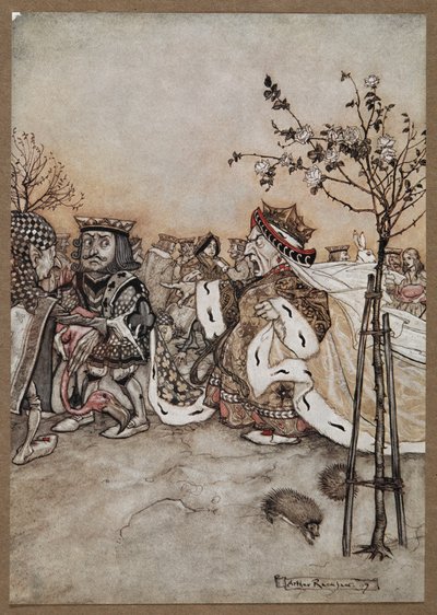 Kupa Kraliçesi kroket oyunundan sonra öfkeyle bağırıyor by Arthur Rackham
