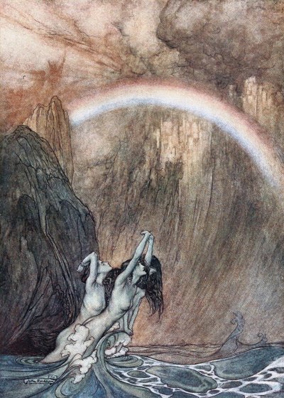 Rhinemaidens, kaybettikleri altınlarına yas tutarlar. Richard tarafından Rhinegold ve Valkyrie için illüstrasyon by Arthur Rackham