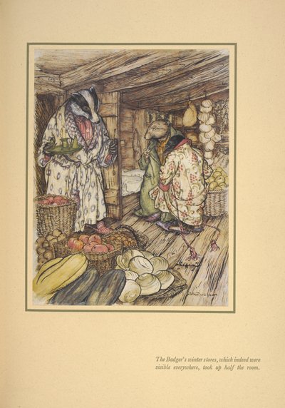 Gerçekten de her yerde görülebilen porsuğun kışlık dükkânları odanın yarısını kaplıyordu'. by Arthur Rackham