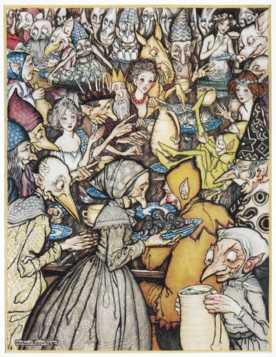 "Gerçekten büyük şirketin toplandığı ziyafet". Altın bir taç giyen Elfin kralı, kızları, goblinler ve troller yemek için bir araya geldi. 'Cin tepesi' için resim. by Arthur Rackham