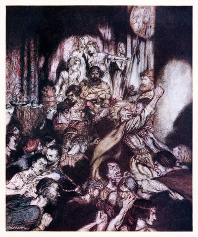 Ziyafet salonu kargaşa içindeydi. İrlanda Masallarındaki Küçük Kavgadan by Arthur Rackham