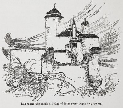 Briar Rose'dan (Uyuyan Güzel) dikenlerle çevrili kale by Arthur Rackham