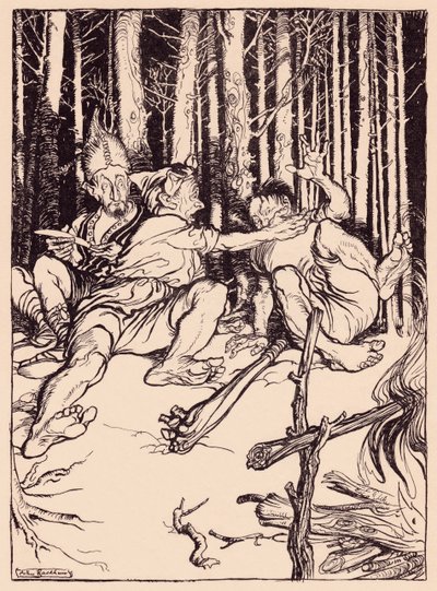 Dev, yanında oturanın kulağına bir kutu verdi. Grimm's Fairy Tale, The Skillful Huntsman'dan Arthur Rackham'ın illüstrasyonu. by Arthur Rackham